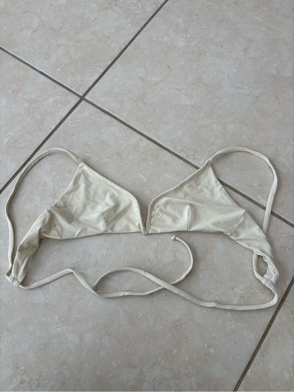 Cream Ribbed Triangle Bathing Suit Top